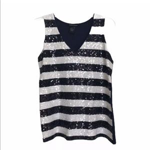 Navy White Stripe V-Neck Tank w/ Sequins